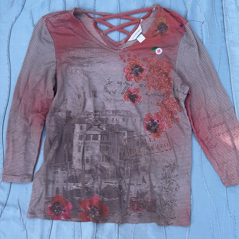 Christopher & Banks Red and Gray Striped Top